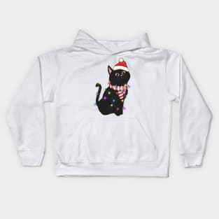 black cat santa hat christmas lights Kids Hoodie